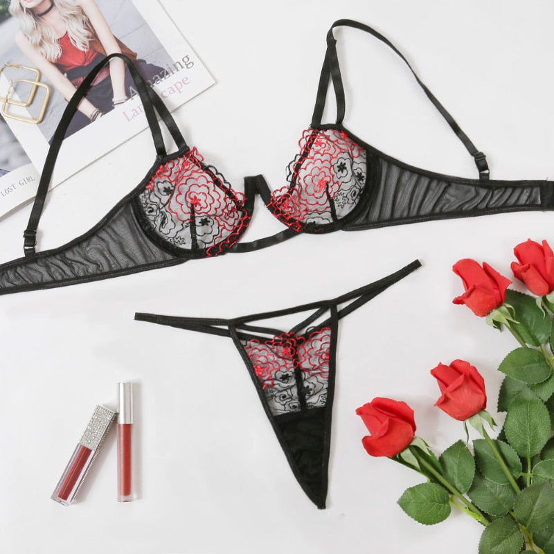 Lingerie dentelle sexy rouge noir string ficelle et soutien-gorge Transparence Fleurie