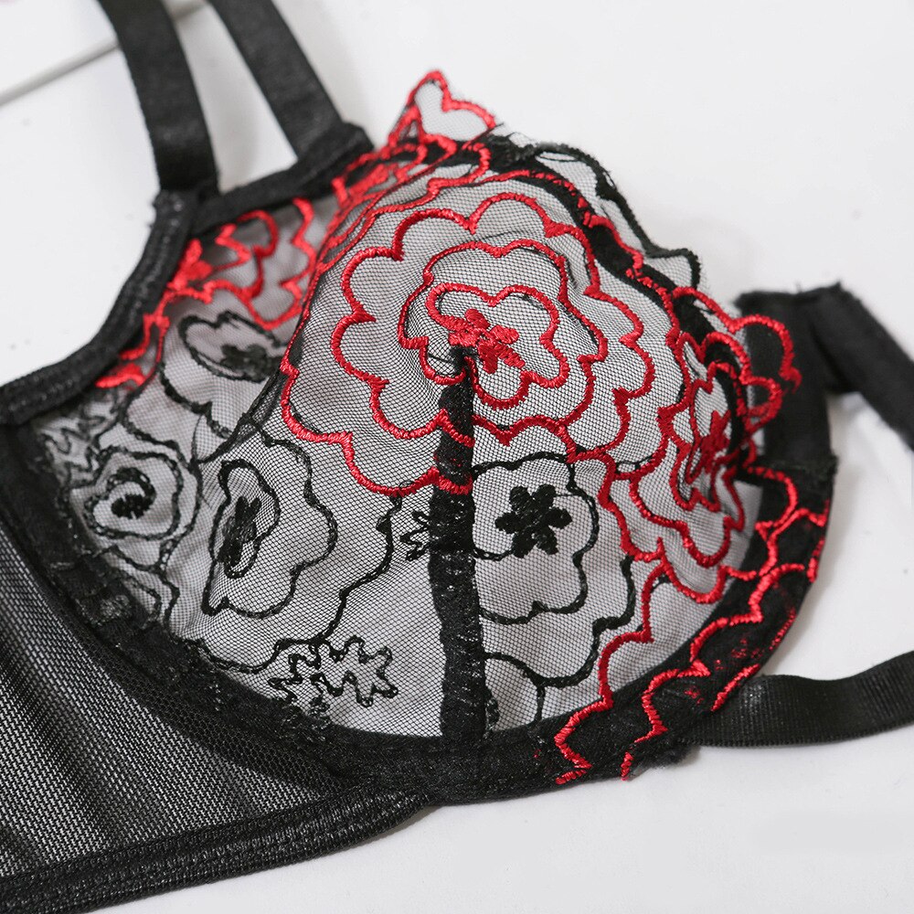 Lingerie dentelle sexy rouge noir string ficelle et soutien-gorge Transparence Fleurie
