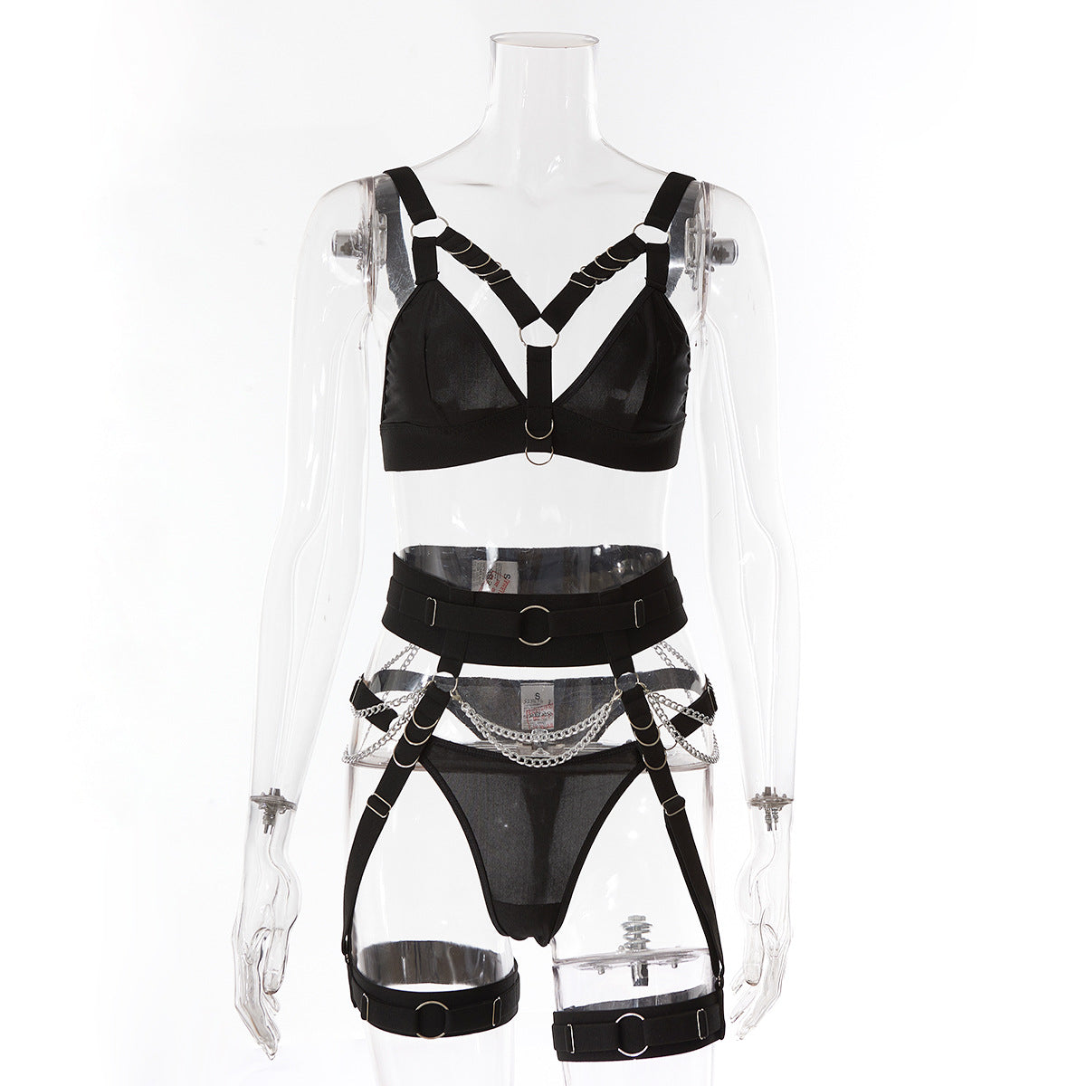 Ensemble lingerie sexy noir harnais trois pièces avec chaînes Koenigs